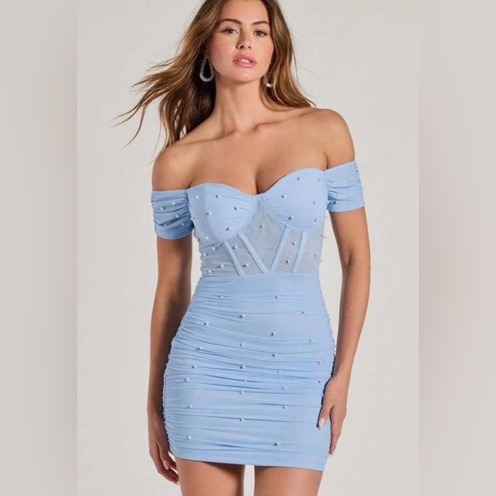 Windsor Light Blue Off-Shoulder Embellished Bodycon Dress